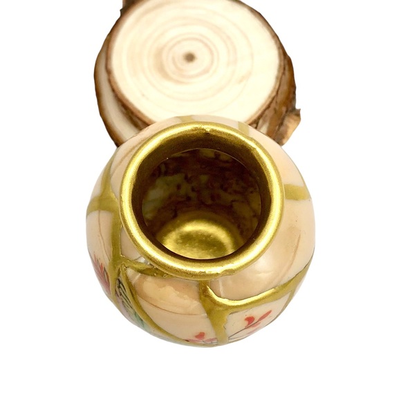 Kintsugi Vase Mini Lusterware Floral Bird Gold Crack Occupied Japan Growth Gift - Picture 12 of 14
